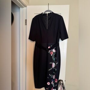 Ted Baker -dark navy blue, body con dress w/flower print detail, size 4